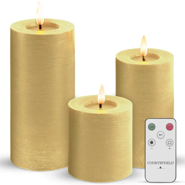 Countryfield LED Kaarsen Met Afstandsbediening - Echte Wax - Elektrische Kaarsen - Op Batterijen - Bewegende vlam - Dimbaar en Timer Functie - Set van 3 - Stompkaarsen - Goud