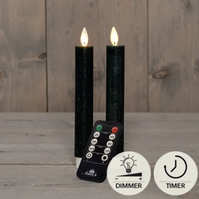 Char Collection LED kaarsen met bewegende vlam 2x - 18cm klein - Donkergroen - Dark Green - Afstandsbediening - Timer - Dimmer - Dinerkaars rustiek wax - LED kaars batterij