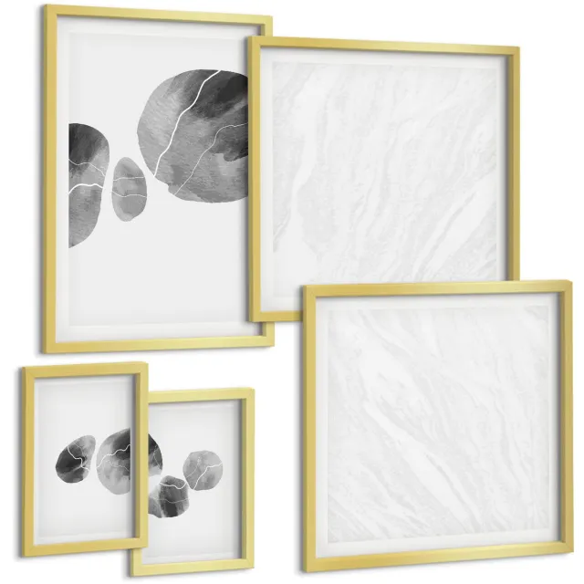 Coloray 5-Delige Schilderij Set - Abstracte Minimalistische Schilderkunst Met Verfvlekken - 50 x 50 cm, 20 x 30 cm En 40 x 60 cm - Wanddecoratie - Muurdecoratie - Moderne Interieurdecoratie Gouden lijst