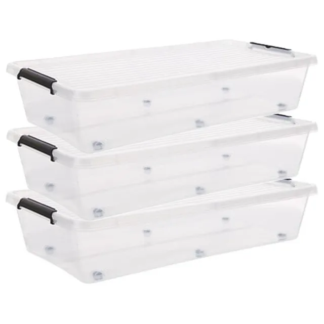 5Five® 5Five opberg kist met deksel - 3x - Clip Box - 35 liter - 76 x 39 x 16 cm - kunststof - transparant - met wielen
