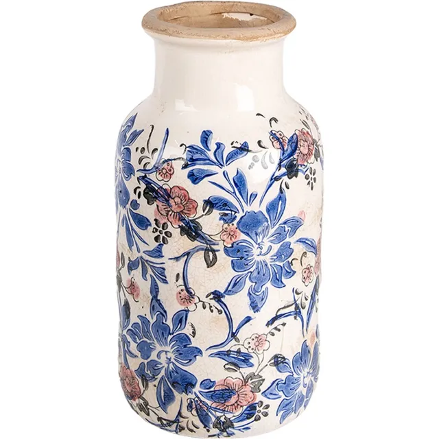 Clayre & Eef Vaas Ø 14x26 cm Beige Blauw Keramiek Bloemen
