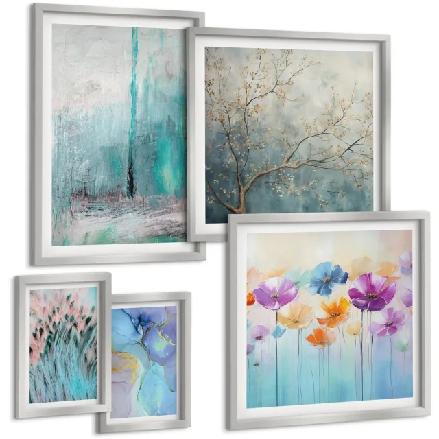 TULUP 4-Delige Schilderij Set - Abstracte landschappen met bloemen en delicate motieven - 50 x 50 cm, 20 x 30 cm en 40 x 60 cm - Schilderijen Set - Wanddecoratie - Woonkamer - Muurdecoratie Zilveren lijst