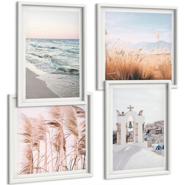 Coloray 4-Delige Schilderij Set - Zeeplanten, Zeegolven, Uitzicht Op De Witte Huizen - 40 x 40 En 40 x 60 - Wanddecoratie - Moderne Interieurdecoratie - Interieur Decoratie Witte lijst