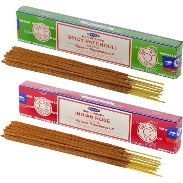Satya Wierook cadeaus set - 2x geurstokjes - Patchouli en Rozen geur - Meditatie