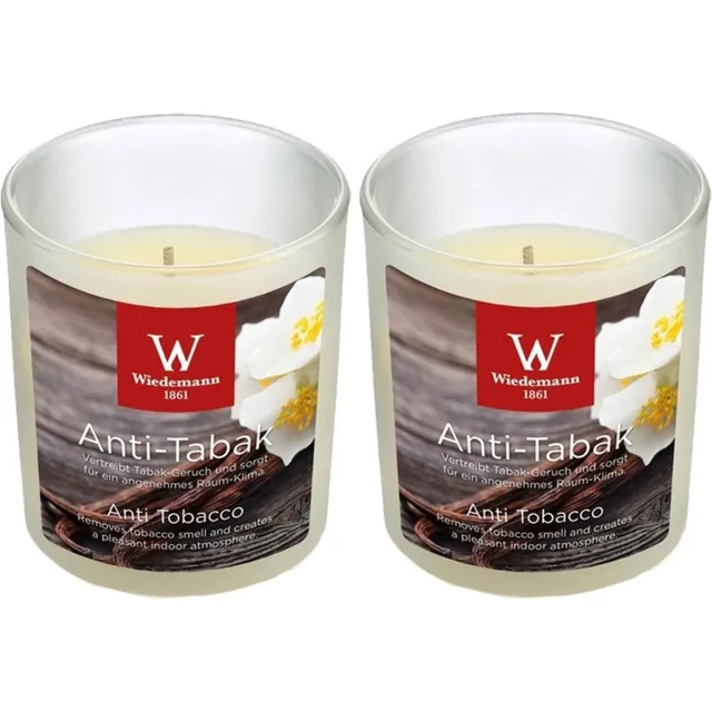 Trend Candles Geurkaars - 2x - in glas - Anti tabac aroma - 25 branduren - 7 x 8 cm - woondecoratie - kaarsen Wit