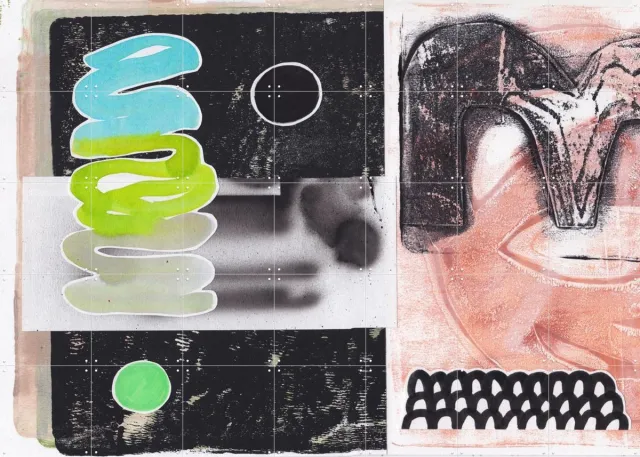 IXXI Grafitti Groove, Henriette Visscher - 140 x 100 cm - Grote wanddecoratie en posters - Collage, Speels, Abstract, Grafisch Ontwerp, Gemengde Blauw / Groen / Zwart