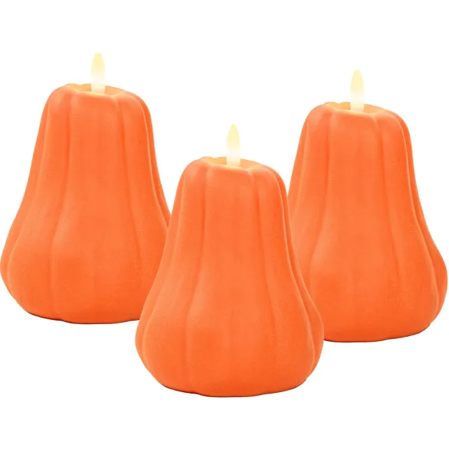 Anna's Collection LED pompoen kaars - 3x - oranje - D13 x H11 cm - met timer