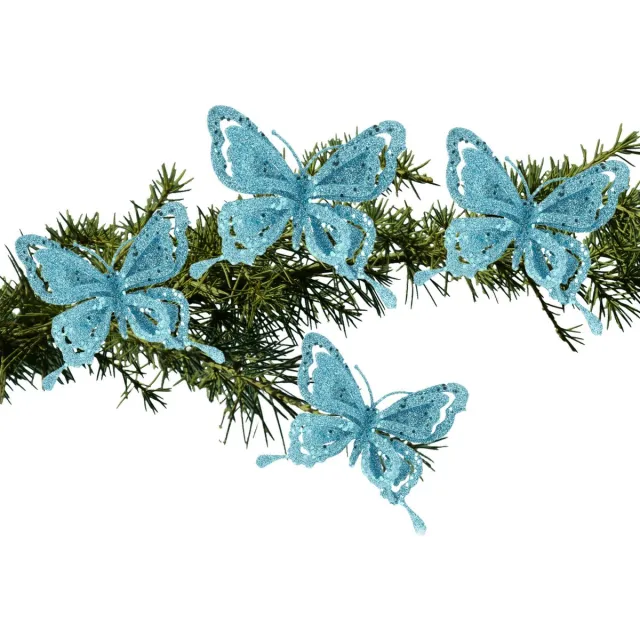 Cosy&Trendy Kerstboomversiering Vlinder - 4x - 14 cm - blauw glitter - op clip - ornament
