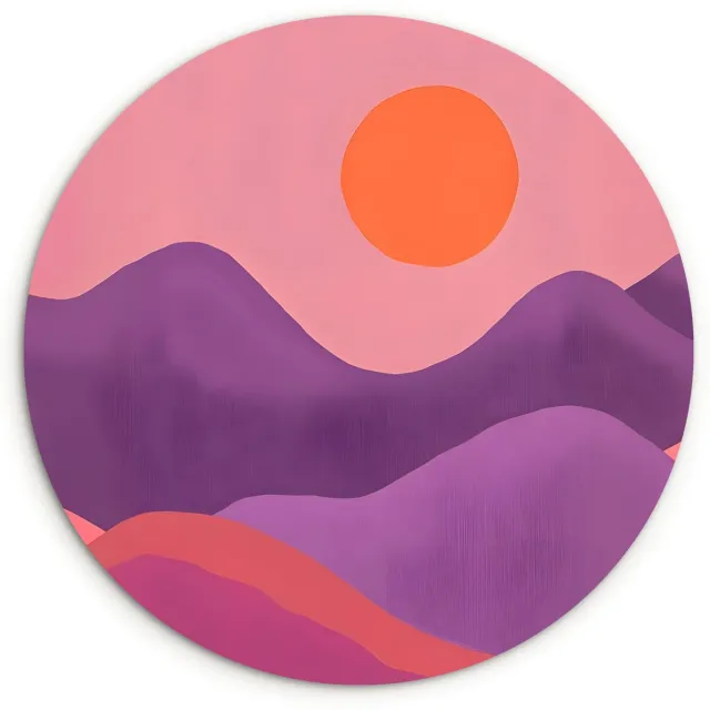 WallCircle Wandcirkel 120x120 cm - Muurcirkel Zon - Heuvels - Paars - Abstract - Muurdecoratie woonkamer - Wanddecoratie slaapkamer - Kamer decoratie accessoires - Ronde schilderijen Heuvels - Zon