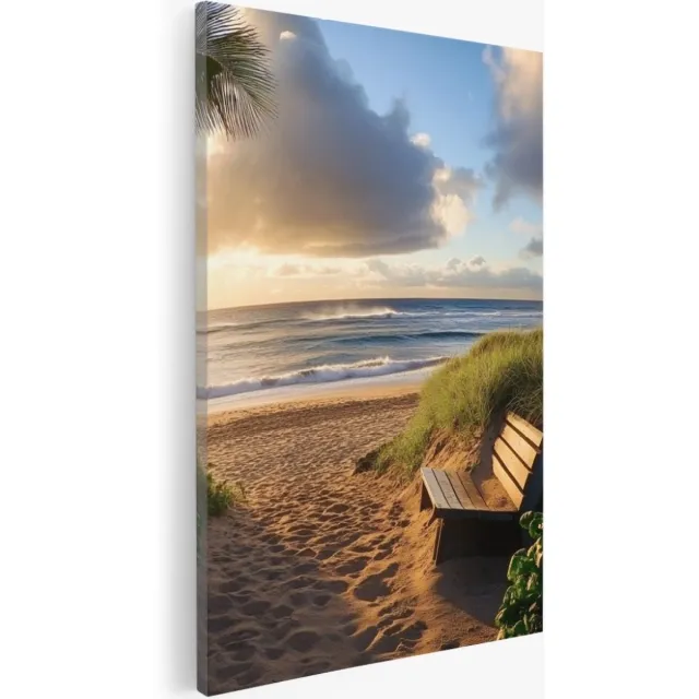 Saammp Canvas Schilderij - Strand Bankje - Zee - Duinen - 50x70 - Foto op canvas - Wanddecoratie - muurdecoratie Woonkamer - Slaapkamer decoratie - Canvas Print Multicolor
