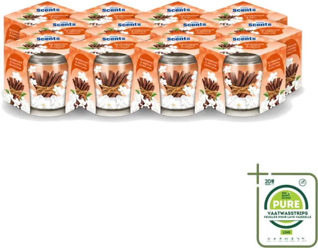 At Home 12 x At Home - Scents - Geurkaars - Sandalwood & Jasmin - 70 g - Grootverpakking - Vaatwasstrips - Geurkaars - Sandelhout - Jasmin - Geur - Rustgevende Geur Bruin