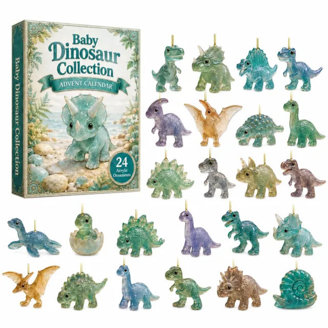 SWGOTA Adventskalender met babydinosaurussen - 24 hangdecoraties met ophanglusjes - genummerde kalenderdoos, 26 x 18 x 3 cm Groen