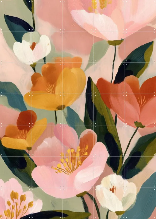 IXXI Soft Bloom, Branka Kodžoman - 100 x 140 cm - Grote wanddecoratie en posters - Kleurrijk, Modern, Kwaststreken, Speels, Eetkamer, Woonkamer, Gang Groen / Roze / Oranje