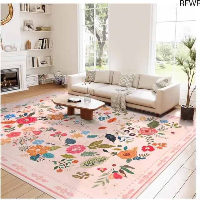 RFWR Vloerkleed Flowers Vintage 160x230 cm - Laagpolig, Wasbaar en Antislip Rosa