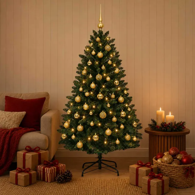 vidaXL Kunstkerstboom donkergroen met kerstballen 180 cm 300 LED's