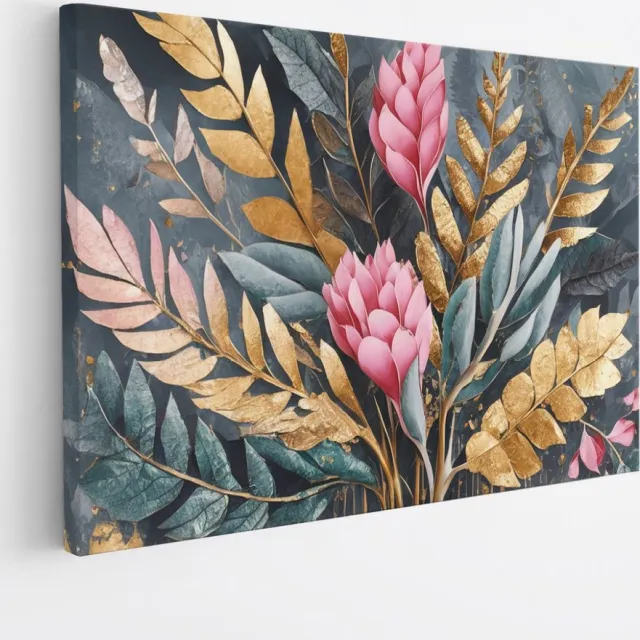 Saammp Canvas Schilderij - Grote roze bloemen en gouden bladeren - Modern - 50x40 - Foto op canvas - Wanddecoratie - Muurdecoratie Woonkamer - Kantoor Decoratie Multicolor