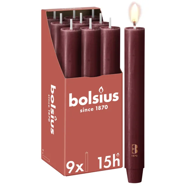 Bolsius brede dinerkaars (Ø3x23 cm) (set van 9) burgundy