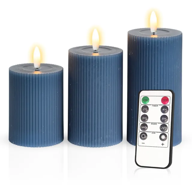 Meisterhome 3 x Led Stompkaars Ribbel - Blauw – Stompkaars Echte wax - Led kaarsen - 10 / 12.5 / 15 cm Hoog - Met afstandsbediening – Timer 2/4/6/8 uur - Dimbaar