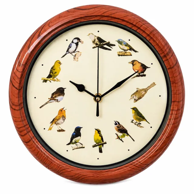 SWGOTA Russische vogelklok voor aan de wand - Rond, 25 cm - 12 vogelgeluiden - Automatische nachtdemping Brons