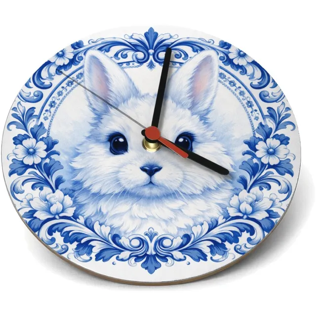 Mr Cadeautjes Klok rond Ø 19 - design Een speels konijnportret met een klassieke krans van vintage | cadeau Wit