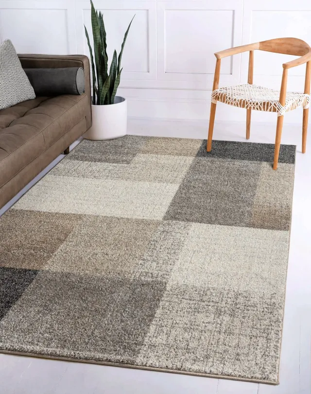 flycarpets Belos Vloerkleed Geblokt - Beige / Grijs / Taupe - Laagpolig - 140x200 cm
