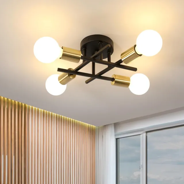 Haobosic Industriële plafondlamp, 4 lampen E27 retro metalen plafondlamp, moderne hanglamp voor woonkamer, slaapkamer, keuken en eetkamer (lamp niet inbegrepen) Black