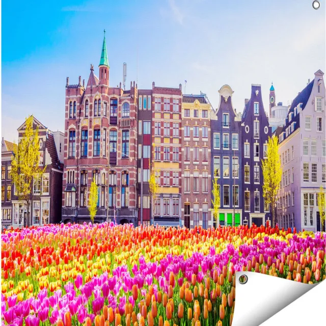 Gards Tuinposter Amsterdamse Huisjes met Tulpen - Kleur - 70x70 cm - Tuindoek - Tuindecoratie - Wanddecoratie buiten - Tuinschilderij Multikleur