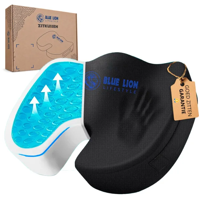 Blue Lion Lifestyle Blue Lion Zitkussen orthopedisch & ergonomisch + Verkoelende Gel - stuitkussen - wigkussen - ergonomisch zitkussen - ringkussen - traagschuim - stuitje Zitkussen Met Verkoelende Gel