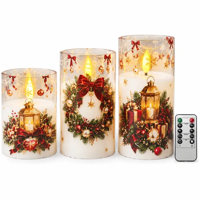 SWGOTA led kaarsen, set van 3 witte cilindervormige kaarsen met kerstdecoratie, warm licht en afstandsbediening, op batterijen, zonder batterijen geleverd