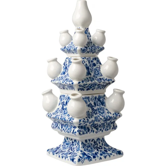 Heinen Delfts Blauw Tulpenvaas - Sierlijke Bloem - 3-delig - Keramiek - 40cm Blauw & Wit