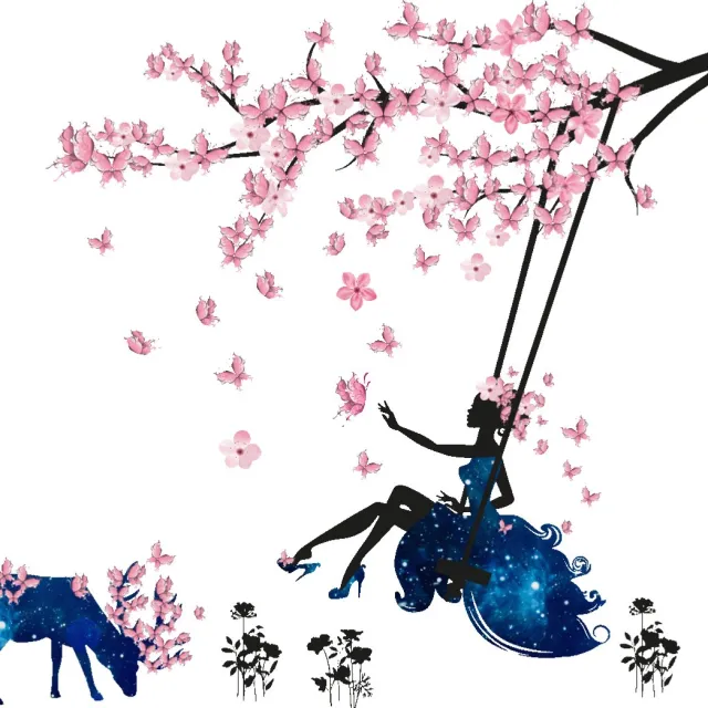 Ambiance Sticker Muurstickers - Boom, vlinders en schommel - Transparante achtergrond - 100x150cm Multi color