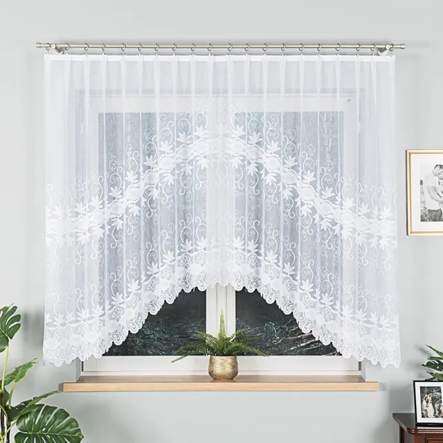 Markizeta JOWITA Serie - Jacquard Gordijn - 300x150 cm - Plantenmotief - Tongvormig Gesneden Kanten Onderkant - Wit