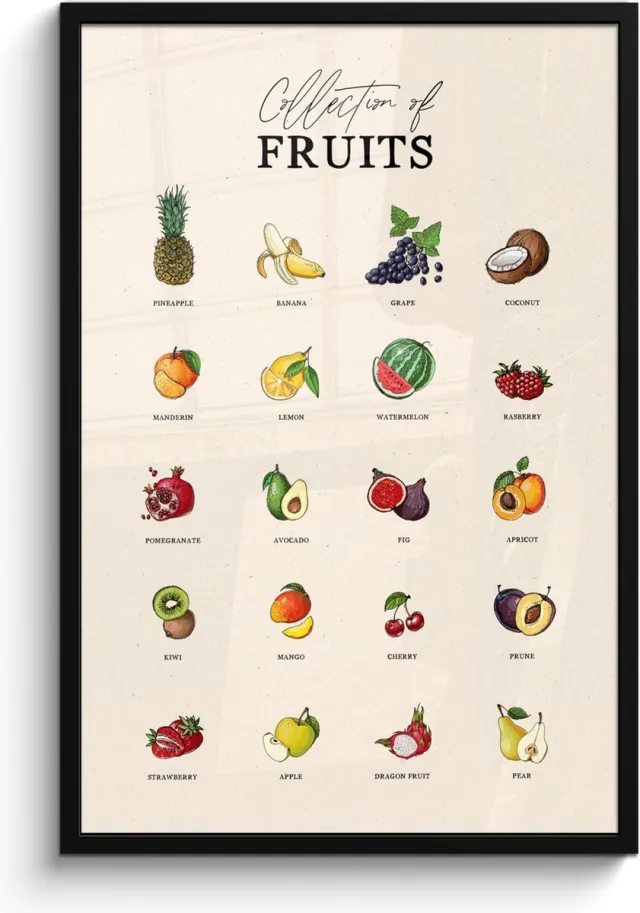 FrameYourWall Fotolijst inclusief poster - Posterlijst 60x90 cm - Posters - Fruit soorten - Kleurrijk - Eten - Vintage - Foto in lijst - Keuken decoratie muur - Wanddecoratie accessoires - Muurdecoratie - Schilderijen Fruit - Overzicht