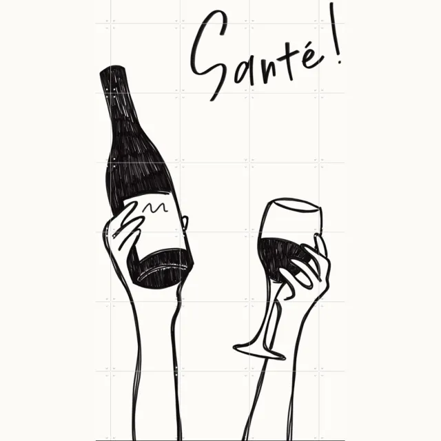 IXXI Hands holding a wine bottle and a wine glass with the text Cheers! in French, Rio Soley & Various - 100 x 140 cm - Grote wanddecoratie en Zwart en wit / Wit / Zwart