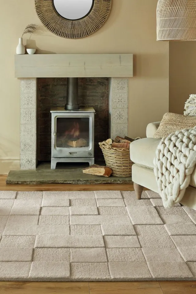 flycarpets Checkerboard Modern Laagpolig - 100% Wol Vloerkleed - Naturel / Beige Roze