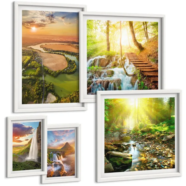 Coloray 5-Delige Schilderij Set - Natuurlijke Landschappen Met Watervallen En Groene Valleien - 50 x 50 cm, 20 x 30 cm En 40 x 60 cm - Wanddecoratie - Moderne Interieurdecoratie - Stijlvolle Muurdecoratie Witte lijst