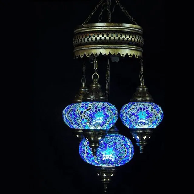Halay Anatolia Mozaïek hanglamp - blauwe glazen lamp - 4 bollen - handgemaakt en uniek