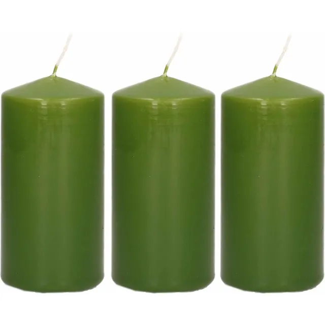 Trend Candles Cilinderkaars/stompkaars - 3x - olijfgroen - 6 x 12 cm - 40 branduren - met brandvertragende folie