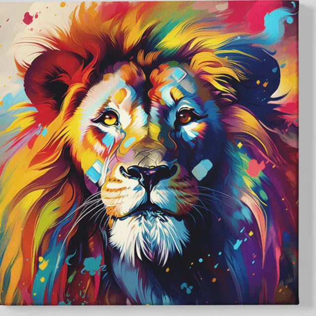 Trendex Global Vierkant Canvas Schilderij - Leeuw - Kleurrijk - Wilde Dier - 40x40x2 cm