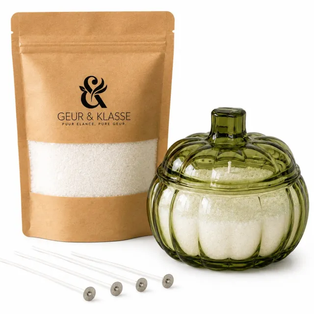 Geur & Klasse Kaarszand Starterset Olive Glow - 250 g - Groene Glazen Houder - Inclusief 5 Lontjes