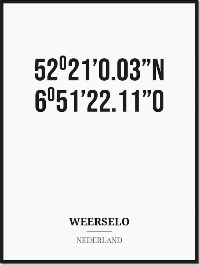 Studio216 Poster/kaart WEERSELO met coördinaten zwart, wit