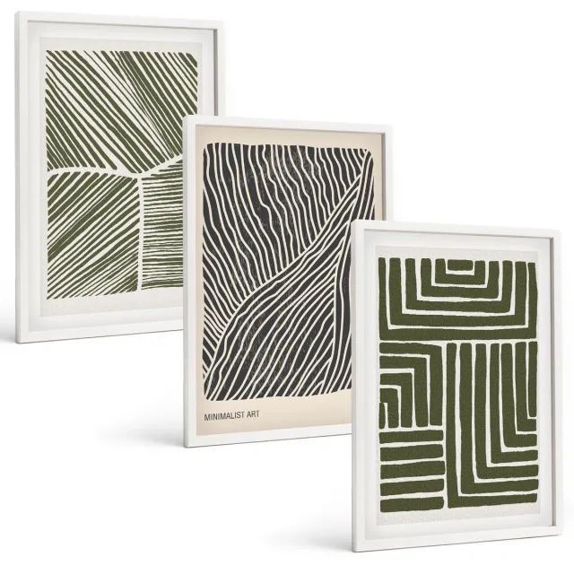 TULUP 3-Delige Schilderij Set - Patronen van lijnen en vormen in groene tinten - 40x60 - Muurdecoratie - Wanddecoratie - Slaapkamer - Woonkamer Decoratie Witte lijst