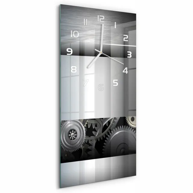 TULUP Wandklok - Tandwielabstractie Wandklok Glas Met Motief - 30x60 cm - Zilver Decoratieve Glazen Klok - Witte handen - Rechthoekige Klok - Gekleurde Glazen Klok - Glazen Klok Met Print