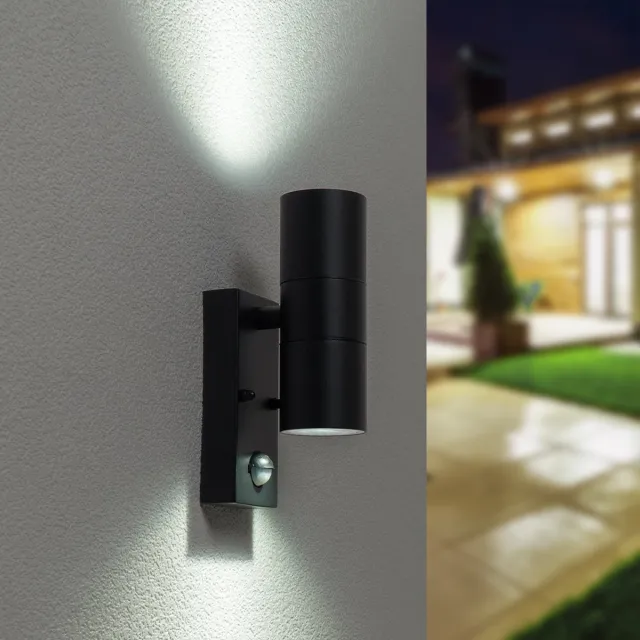 HOFTRONIC Blenda wandlamp - 6500K daglicht wit - Bewegingsmelder en schemerschakelaar - Zwart - IP44 spatwaterdicht - Up & Downlight voor buiten
