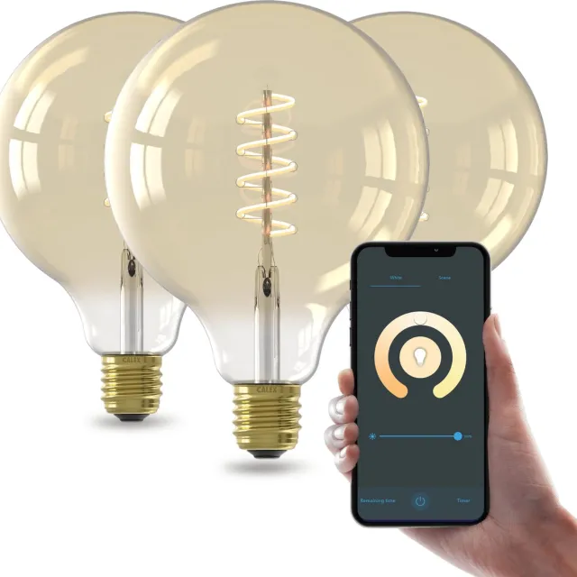 Calex Slimme LED Lamp - Set van 3 stuks - E27 - Wifi Verlichting - Spiraal Filament - Globe 12.5cm - Smart Lichtbron Goud - Dimbaar - Warm Wit licht - 7W