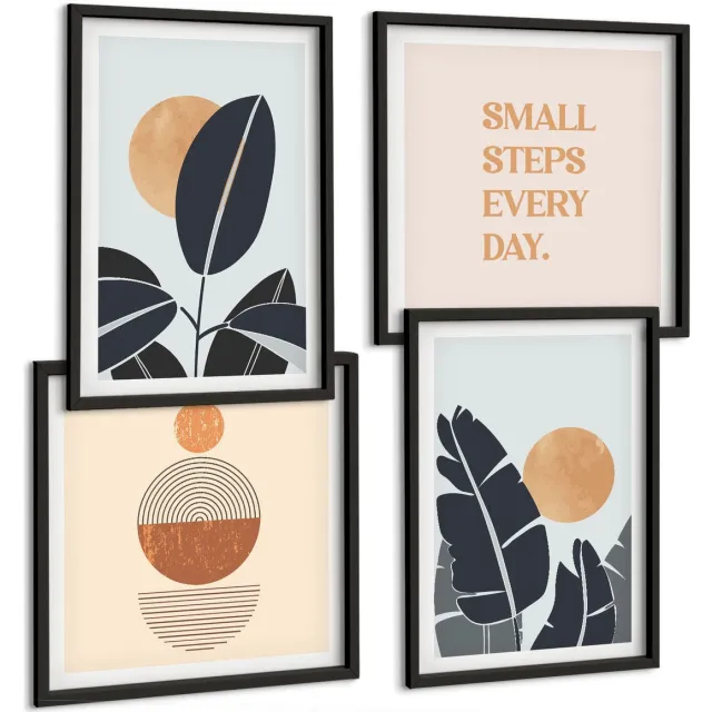 TULUP 4-Delige Schilderij Set - Plantenpatronen met grote zonnen in minimalistische stijl - 40 x 40 cm en 40 x 60 cm - Stijlvolle Wanddecoratie - Interieur - Interieur Decoratie Zwarte lijst