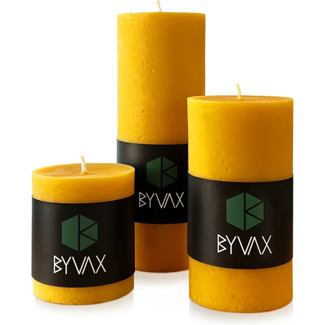 BYVAX Bijenwas Kaars Rustiek KATLA | 3 stuks | 7,5/12/18cmHoog | 100% Zuivere bijenwas | Handgemaakt Geel