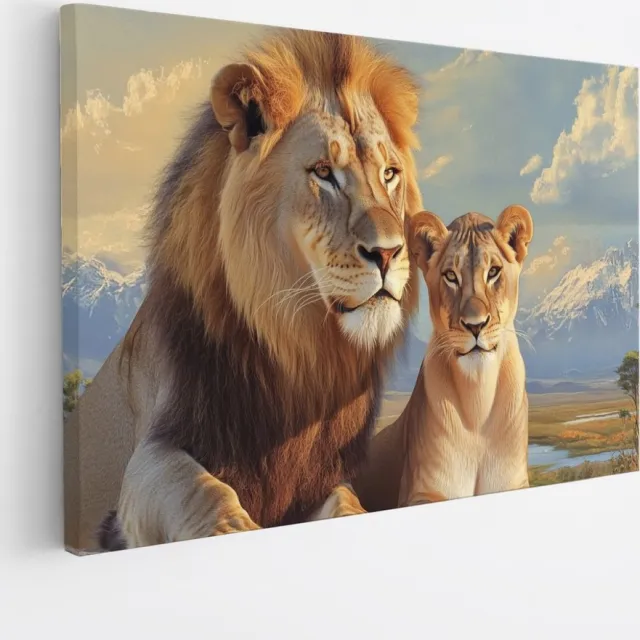 Saammp Canvas Schilderij - Leeuw en Leeuwin met de Kilimanjaro achter zich - Dieren - Natuur - 50x40 - Foto op canvas - Wanddecoratie - Muurdecoratie Woonkamer - Slaapkamer decoratie - Canvas Print Multicolor