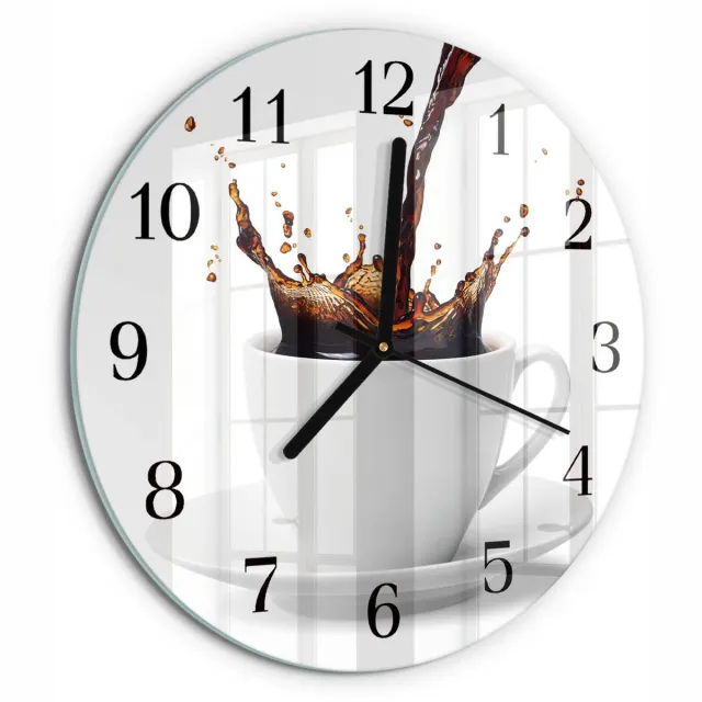 TULUP Wandklok - Koffie Wandklok Glas Met Motief - 30fi cm - Wit Decoratieve Glazen Klok - Zwarte Handen - Ronde Wandklok - Gekleurde Glazen Klok - Glazen Klok Met Print Wit - Koffie