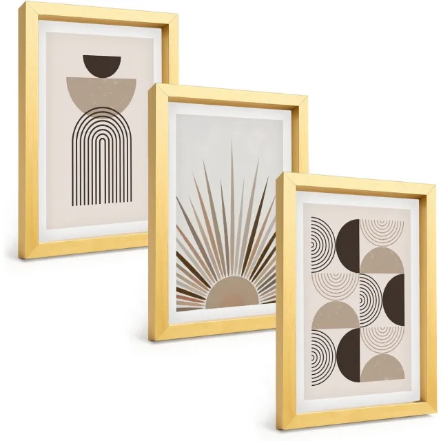 TULUP 4-Delige Schilderij Set - Abstracte vormen in beige en bruine tinten. - 20 x 30 cm - Schilderijen Set - Wanddecoratie - Woonkamer - Interieur Decoratie Gouden lijst